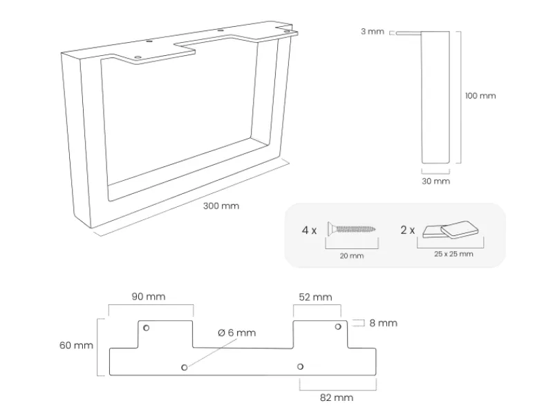 Sale HEVVA Möbelfüße GRAZ 10 cm Hoch 30 cm Tief 2er Set Rohstahl-Klarlack Stahlfarben