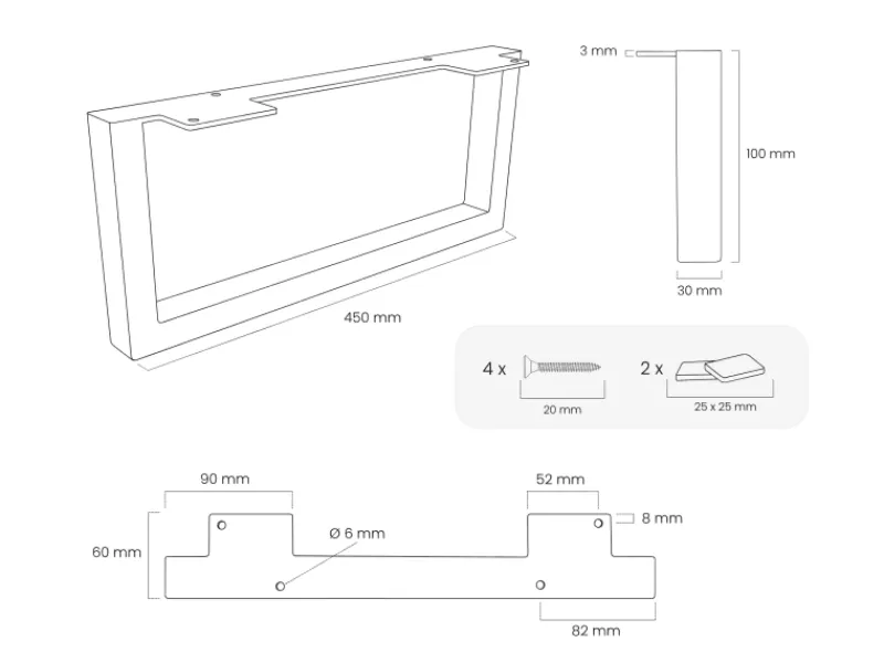 HEVVA Möbelfüße GRAZ 10 cm Hoch 45 cm Tief 2er Set Rohstahl-Klarlack