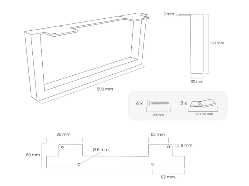 HEVVA Möbelfüße GRAZ 15 cm Hoch 50 cm Tief 2er Set Rohstahl-Klarlack