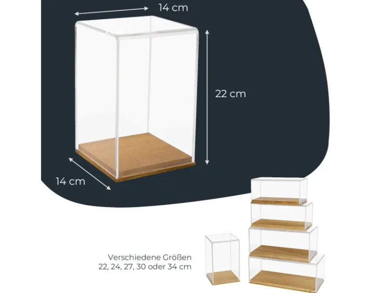 New HMF 46881 Acryl Vitrine Schaukasten mit Holzsockel für Figuren 14 x 14 x 22 cm Transparent