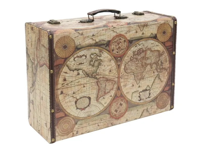 HMF VKO104 Vintage Koffer Holz 44 x 32 x 16 cm Deko Weltkarte Farbe