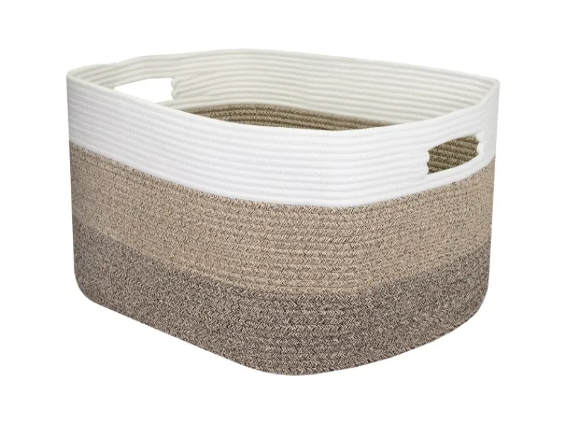 Hot HMF XXL Wäschekorb Baumwolle Eckiger Aufbewahrungskorb Griffen 55 x 43 x 30 cm Weiß-Braun