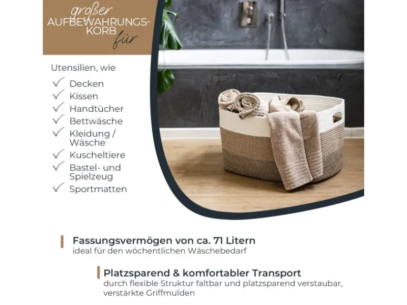 Hot HMF XXL Wäschekorb Baumwolle Eckiger Aufbewahrungskorb Griffen 55 x 43 x 30 cm Weiß-Braun