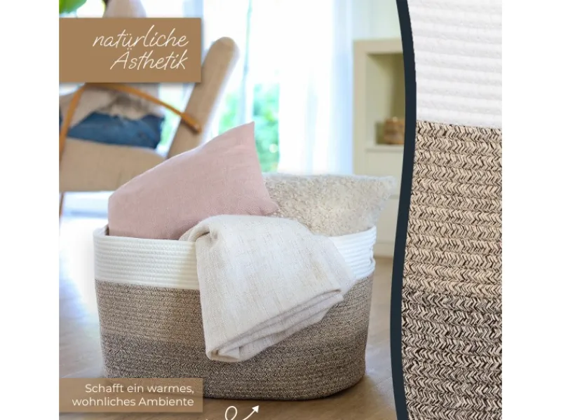 Hot HMF XXL Wäschekorb Baumwolle Eckiger Aufbewahrungskorb Griffen 55 x 43 x 30 cm Weiß-Braun