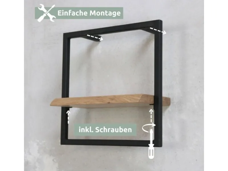 holz4home Wandregal Small Schwarz Gerahmt Industrial Style mit Baumkante Hellgrau