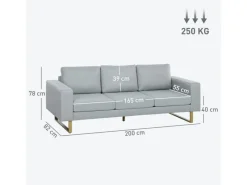 HOMCOM 3 Sitzer Sofa für Schlafzimmer 200 x 82 x 78 cm Hellgrau