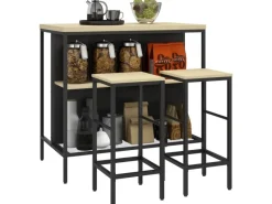 HOMCOM Bartisch mit Barhocker Set 3-tlg. im Modern-Stil Stahl Eiche