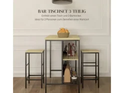 HOMCOM Bartisch mit Barhocker Set 3-tlg. im Modern-Stil Stahl Eiche