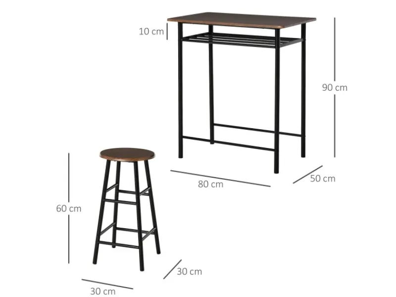 HOMCOM Bartisch Set mit 2 Barhocker MDF Metall Schwarz 80B x 50T x 90H cm