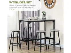 HOMCOM Bartisch Set mit 4 Barhocker MDF Metall Grau 110L x 50B x 89,5H cm