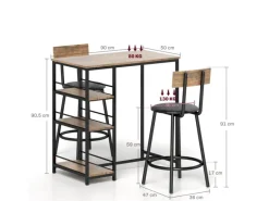 HOMCOM Bartisch Set mit Barhocker Set 3-tlg Stahl MDF Eiche 90L x 50B x 90,5H cm