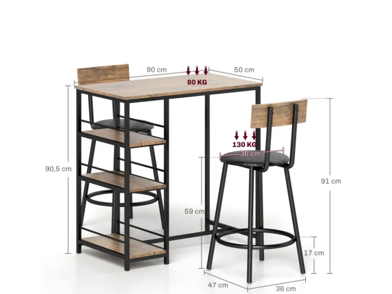 HOMCOM Bartisch Set mit Barhocker Set 3-tlg Stahl MDF Eiche 90L x 50B x 90,5H cm