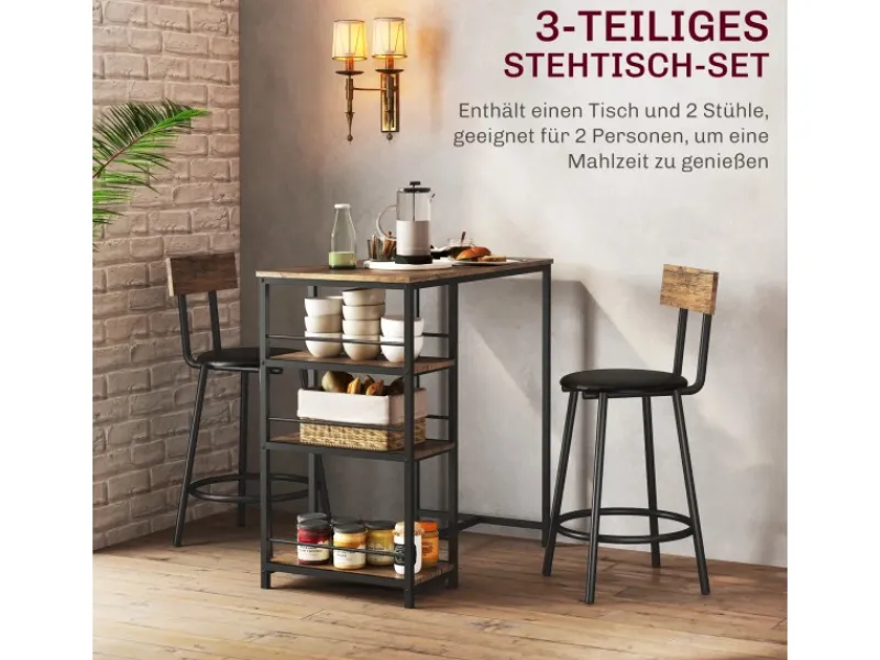 HOMCOM Bartisch Set mit Barhocker Set 3-tlg Stahl MDF Eiche 90L x 50B x 90,5H cm