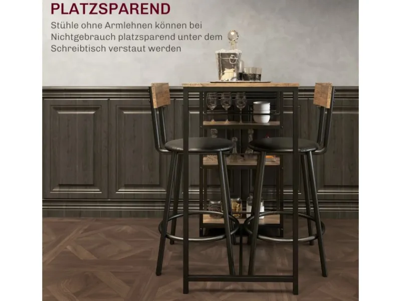 HOMCOM Bartisch Set mit Barhocker Set 3-tlg Stahl MDF Eiche 90L x 50B x 90,5H cm