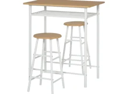 HOMCOM Bartisch Set 3-Teilig mit Lagerregal MDF-Platte Weiß Eiche 80 x 50 x 90 cm