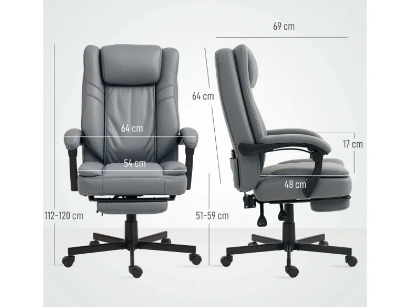 HOMCOM Bürostuhl mit Massagefunktion Mikrofaser-Stoff Schaumstoff 69L x 64B x 112-120H cm Grau