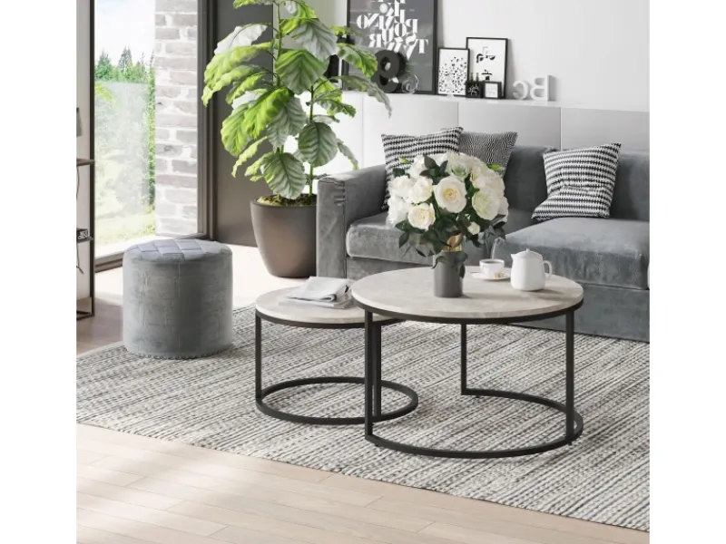 HOMCOM Couchtisch 2er-Set mit Metallgestell Stapelbar für Wohnzimmer Grau