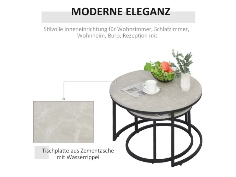 HOMCOM Couchtisch 2er-Set mit Metallgestell Stapelbar für Wohnzimmer Grau