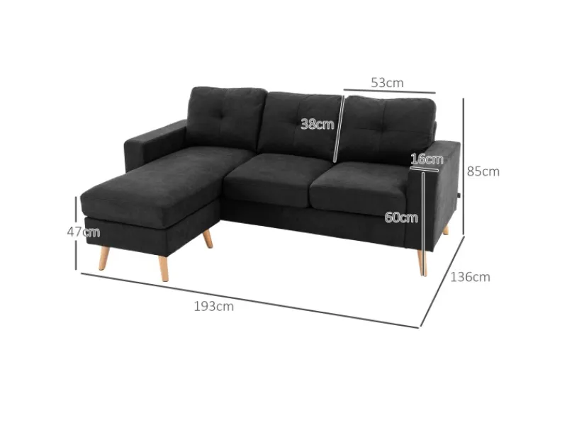 HOMCOM Ecksofa Leinen Gummiholz Schwarz 193L x 136B x 85H cm