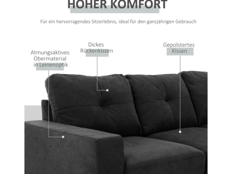 HOMCOM Ecksofa Leinen Gummiholz Schwarz 193L x 136B x 85H cm
