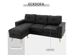 HOMCOM Ecksofa Leinen Gummiholz Schwarz 193L x 136B x 85H cm