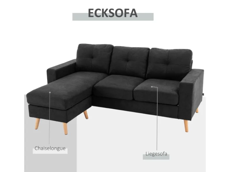 HOMCOM Ecksofa Leinen Gummiholz Schwarz 193L x 136B x 85H cm