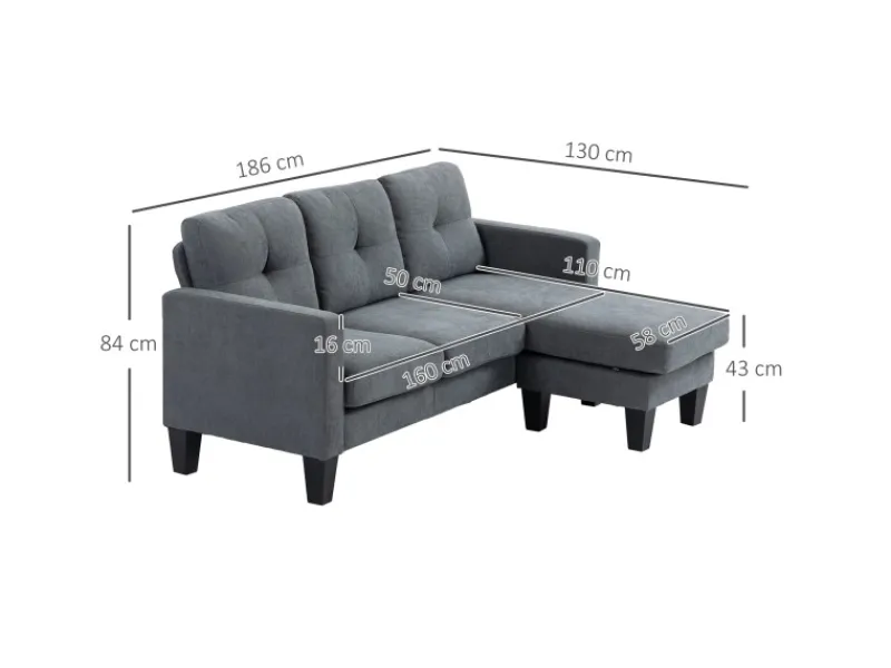 Sale HOMCOM Ecksofa Polyester Schaumstoff 186L x 130B x 84H cm Dunkelgrau