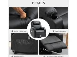 New HOMCOM Elektrischer Aufstehsessel Kunstleder Stahl Schwarz 88L x 99B x 106H cm