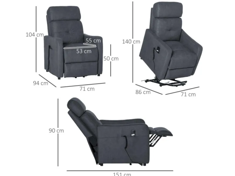 HOMCOM Elektrischer Liftstuhl Polyesterstoff Stahl Grau 71L x 94B x 104H cm
