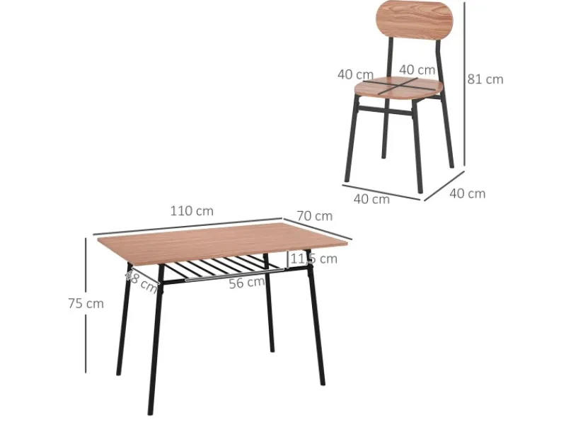 HOMCOM Essgruppe mit 4 Stühlen MDF Stahl Teak 110L x 70B x 75H cm