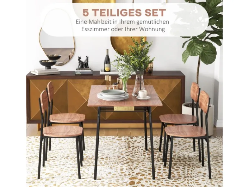 HOMCOM Essgruppe mit 4 Stühlen MDF Stahl Teak 110L x 70B x 75H cm