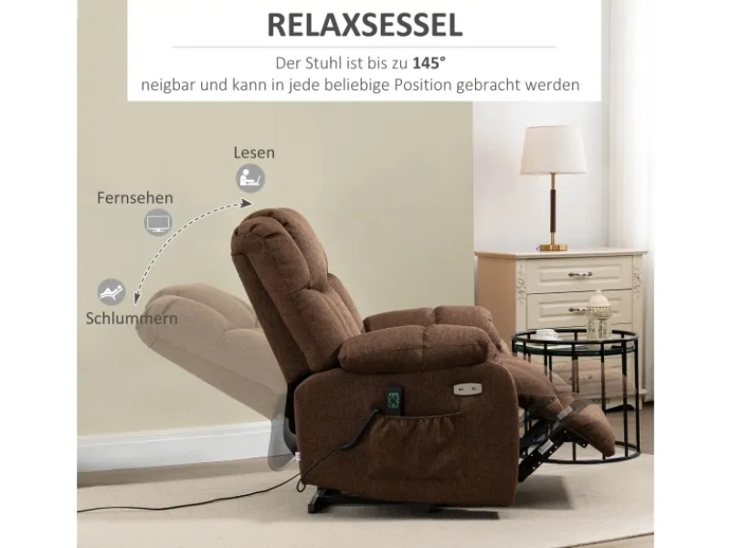 HOMCOM Fernsehsessel mit Aufstehhilfe Polyester Stahl Braun 92L x 95B x 107H cm