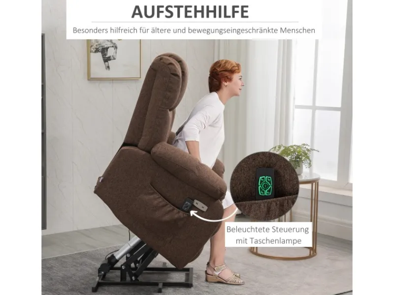 HOMCOM Fernsehsessel mit Aufstehhilfe Polyester Stahl Braun 92L x 95B x 107H cm