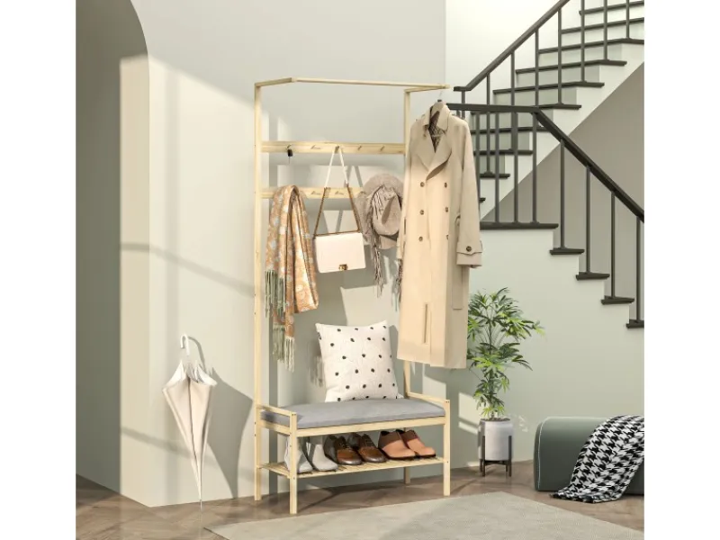 Outlet HOMCOM Garderobe mit Schuhbank Bambus Naturholz 73,5L x 34B x 171H cm