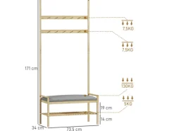 Outlet HOMCOM Garderobe mit Schuhbank Bambus Naturholz 73,5L x 34B x 171H cm