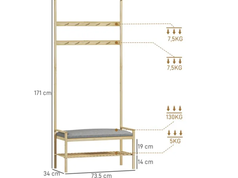 Outlet HOMCOM Garderobe mit Schuhbank Bambus Naturholz 73,5L x 34B x 171H cm