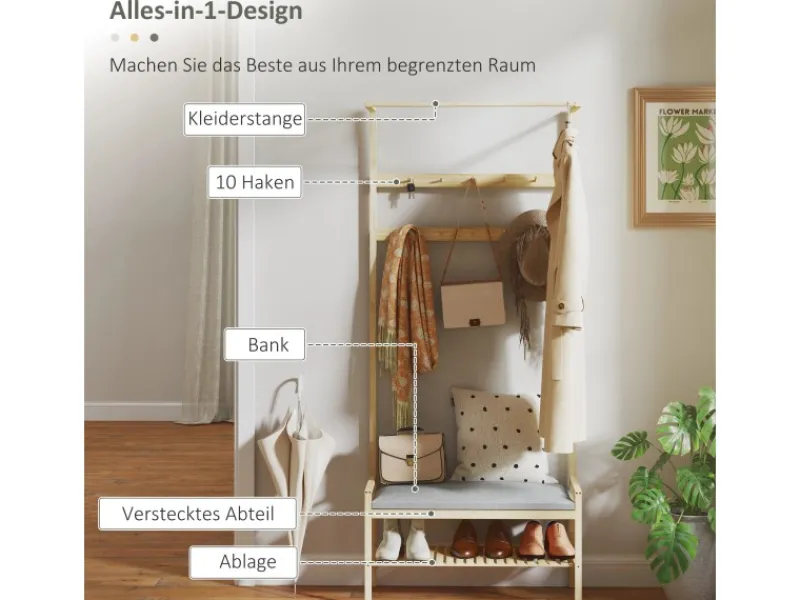 Outlet HOMCOM Garderobe mit Schuhbank Bambus Naturholz 73,5L x 34B x 171H cm