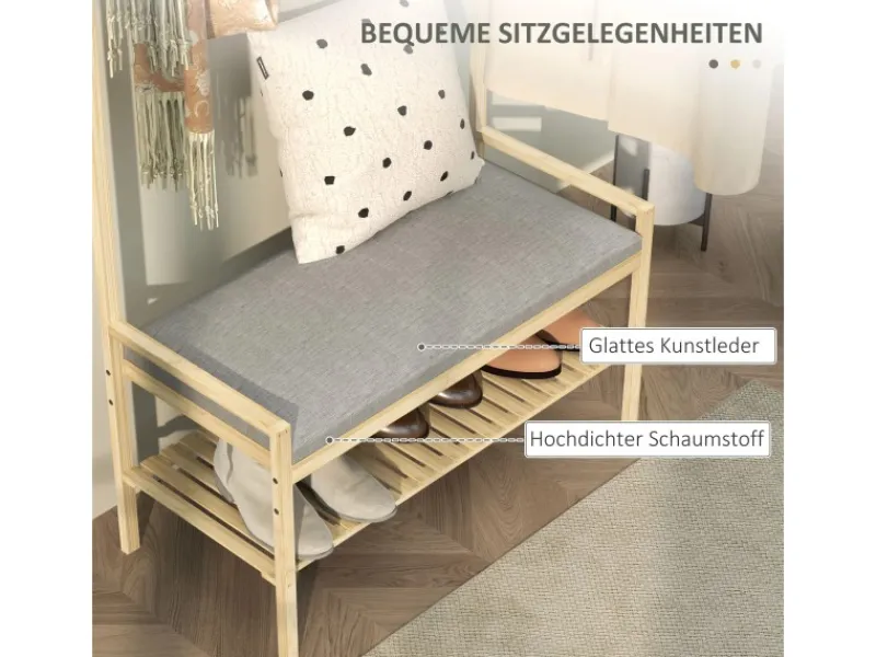 Outlet HOMCOM Garderobe mit Schuhbank Bambus Naturholz 73,5L x 34B x 171H cm