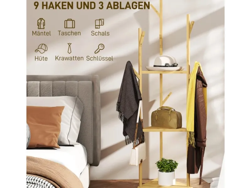 HOMCOM Garderobenständer Bambus 45L x 45B x 170H cm Naturholz