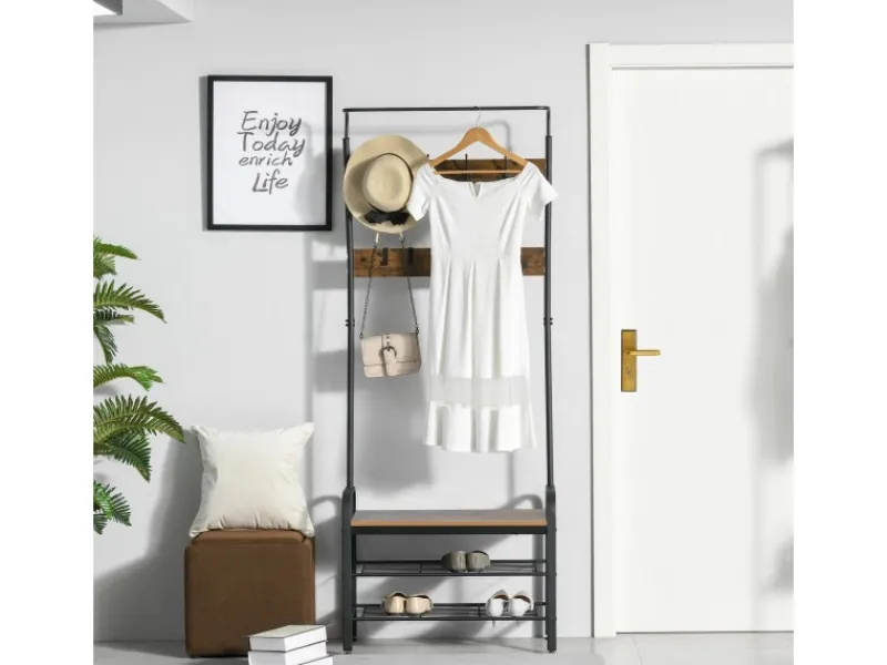 HOMCOM Garderobenständer mit 8 Haken 2 Ablagen MDF Schwarz 72 x 34 x 185 cm