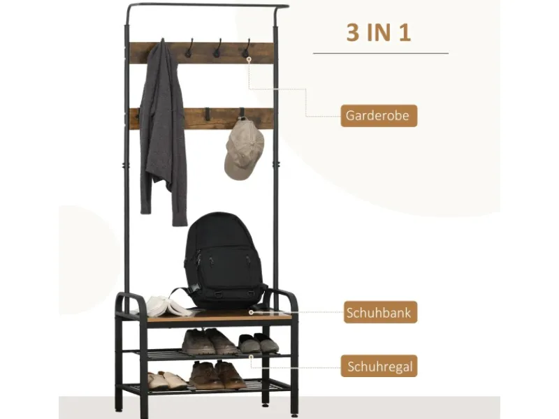 HOMCOM Garderobenständer mit 8 Haken 2 Ablagen MDF Schwarz 72 x 34 x 185 cm