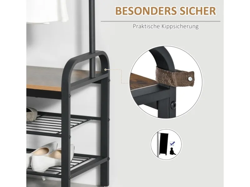 HOMCOM Garderobenständer mit 8 Haken 2 Ablagen MDF Schwarz 72 x 34 x 185 cm