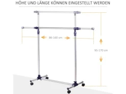 HOMCOM Garderobenständer mit Rollen Höhenverstellbar Edelstahl 86 x 45 x 95 cm