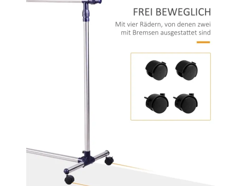 HOMCOM Garderobenständer mit Rollen Höhenverstellbar Edelstahl 86 x 45 x 95 cm