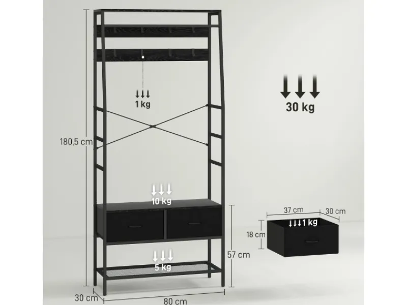 HOMCOM Garderobenständer Spanplatte Stahl 80L x 30B x 180,5H cm Schwarz