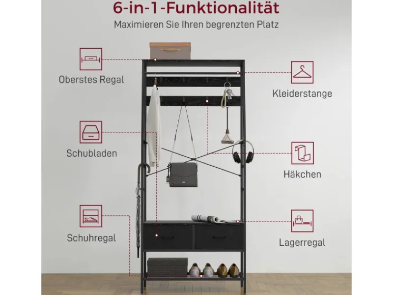 HOMCOM Garderobenständer Spanplatte Stahl 80L x 30B x 180,5H cm Schwarz