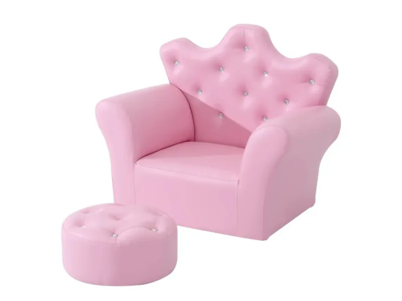 Outlet HOMCOM Kindersofa mit Ottomane in Kronenform Rosa 58 x 40,5 x 49 cm