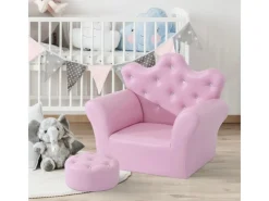Outlet HOMCOM Kindersofa mit Ottomane in Kronenform Rosa 58 x 40,5 x 49 cm