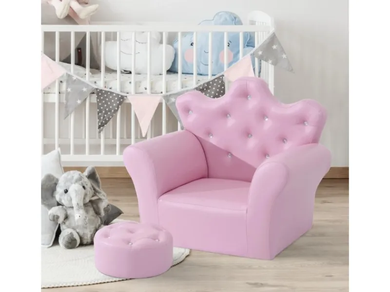 Outlet HOMCOM Kindersofa mit Ottomane in Kronenform Rosa 58 x 40,5 x 49 cm
