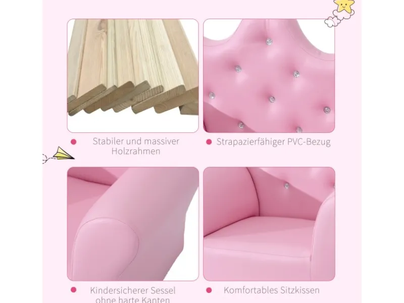 Outlet HOMCOM Kindersofa mit Ottomane in Kronenform Rosa 58 x 40,5 x 49 cm